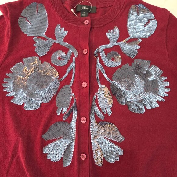 NWOT J. Crew Sequin Floral Embroidered Jackie Cardigan Small Red Unique Elegant - Picture 4 of 11